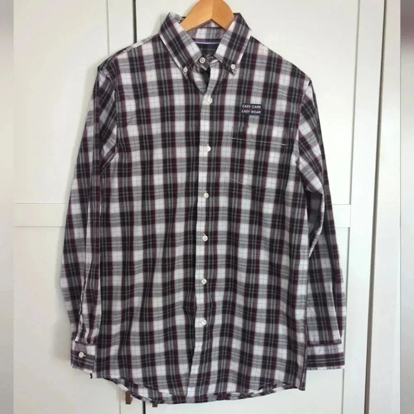 CHAPS | Plaid Burgundy/Black/White  Button Up Dress Long Sleeve Shirt Si… - Picture 1 of 4